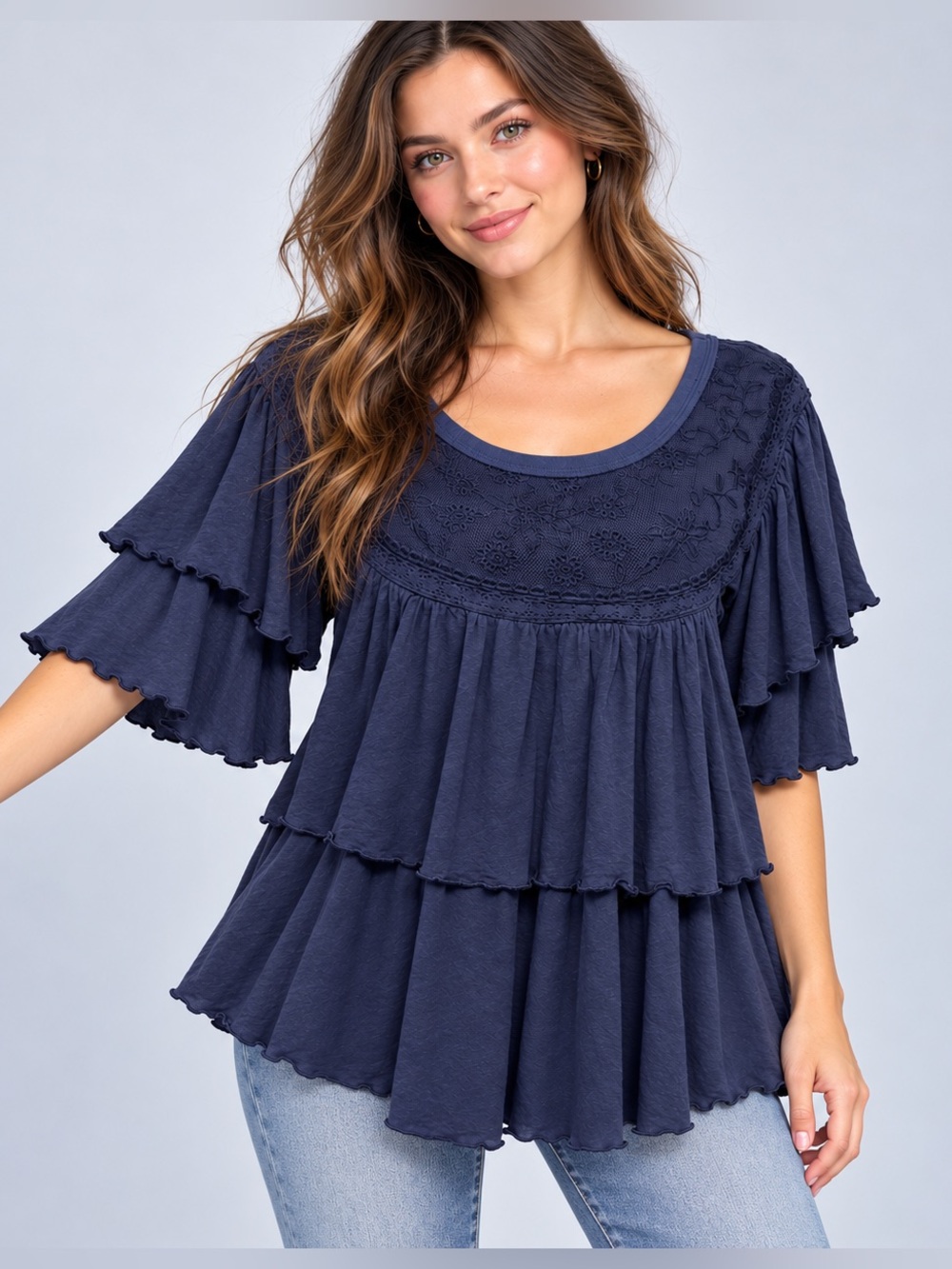 Free People Rose Party Tee Peacoat Navy Tiered Ruffle Lace Top XL